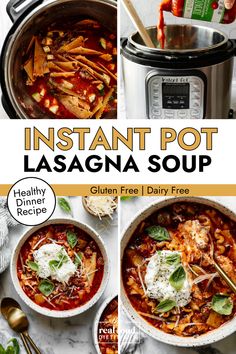 instant pot lasagna soup in a slow cooker with the title above it