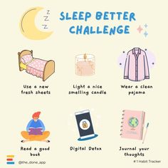 Sleeping is very important in our day to day life. In fact the quality of your sleep has a direct impact on the quality of your life. A good nights rest will make you feel more rested, refreshed and ready for the next day’s challenges. Follow these challenge and we guarantee you a good night sleep. You owe it to yourself! Sleeping Pictures, Sleep Challenge, Sleep Hacks, Sleeping Tips, Good Nights, Relaxation Exercises, Personal Growth Motivation, How To Sleep Faster, Sleepy Time