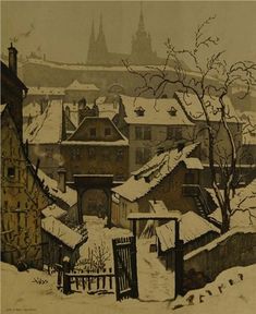 an old drawing of a snowy town with buildings