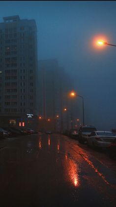 cars are parked on the side of the road in the rain at night with street lights