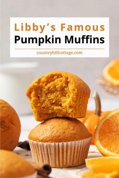 pumpkin muffins stacked on top of each other with the words library's famous pumpkin muffins