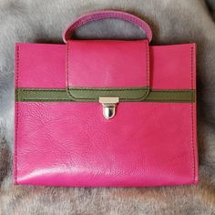 Pink And Olive Green Leather Top Handle Handbag. Silver Hardware. 8.5" X 11" X 2.5". Full-Grain Leather Has Character All Its Own Which Often Displays Natural Markings Lending Unique Beauty To The Leather Piece. Coach Sling Bag, Pink And Olive Green, Black Swimsuit Cover Up, Kathy Van Zeeland Handbags, Juicy Couture Purse, Coach Satchel, Leather Designs, Italian Leather Bags, Bags Pink