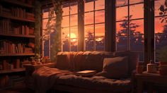 a living room filled with lots of furniture next to a window covered in bookshelves