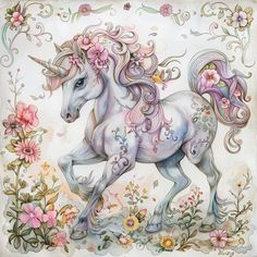 a painting of a unicorn with flowers on it's head and manes running through the air