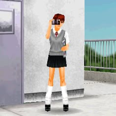 an animated girl is standing in front of a building and talking on her cell phone