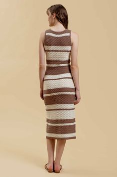 Indulge in effortless elegance with the Marren Dress. This sleeveless, unlined crochet knit midi dress features a round neckline and chic stripe pattern. Made with a luxurious blend of cotton and acrylic, it's perfect for any occasion. Unlined for a delicate touch, it's the epitome of sophisticated style. Stripe Crochet, Crochet Knit Dress, Crochet Midi Dress, Crochet Midi, Bohemian Style Dresses, Stripe Dress, Unique Crochet, Knit Midi, White Striped Dress