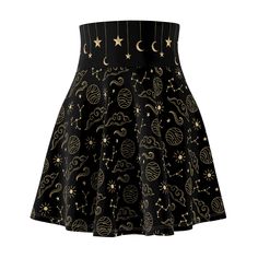 This versatile fit celestial circle skirt with a cozy, soft touch quickly become one of your favorites. The constellation print adds a touch of whimsy to any outfit, allowing you to showcase your unique personality and love of the mystical.  This skirt is a versatile and playful addition to your wardrobe that effortlessly combines unique style and comfort.  The skater silhouette of this skirt is universally flattering, accentuating your waist while providing a flirty and feminine look. Its fitte Rock Star Outfit Women, Plus Size Whimsigoth, Sweatshirt With Skirt, Whimsigoth Clothes, Rock Star Outfit, Planets And Stars, Halloween Skirt, Fall Sweaters For Women, Galaxy Planets