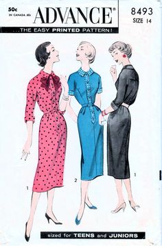 three women's dresses with collars and sleeves, one in blue and the other in pink