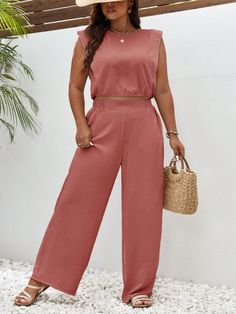 Burgundy Casual Collar   Plain  Embellished Non-Stretch  Women Plus Clothing Pants Plus Size, Pink Pants, Pants Casual, Shirt And Pants, Kids Beachwear, Perfect Summer, Plus Clothing, Women Clothes Sale, Short Sleeve Shirt