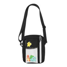 Channel your inner Pokemon trainer with this fun mini messenger bag! Measuring 5.1” wide, 7.8” tall, and 1.2” in depth, this adorable purse is perfectly sized to carry your phone, wallet, sunglasses, and other small essentials. The mini messenger bag has been custom designed to feature pixel art of all your favorite Pokemon. An inside zipper pocket adds additional security for your most valuable possessions, while an exterior cell phone pocket keeps your mobile within easy reach. For the most co Cute Black Shoulder Bag With Mobile Phone Pocket, Trendy Black Phone Bag For School, Trendy School Phone Bag With Removable Pouch, Casual Crossbody Phone Bag For School, Casual Rectangular Phone Bag For School, Pokemon Merchandise, Mini Messenger Bag, Unique Purses, Pokemon Characters