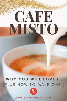 coffee being poured into a cup with the words cafe misto on it