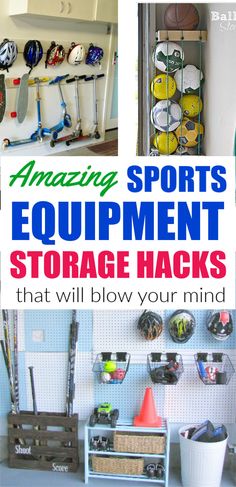 there are many sports equipment in the storage rack that you can find on this page