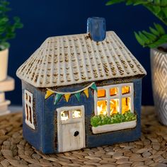 a small blue house sitting on top of a table next to a potted plant