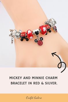 Our Red and Silver Charm Bracelet is the perfect addition to any Disney fan's jewelry collection. #minniemouse #mickeymouse #pandoradisneycharms #disneyjewelry This classic design features a delightful Mickey and Minnie pendant that will capture your heart. The bracelet is adorned with beautiful beads that add a touch of whimsy to any outfit. Don this stunning piece on your wrist and show off your love for all things Disney, or gift it to someone special as a symbol of friendship and affection. Themed Personalized Red Bracelets, Personalized Themed Red Bracelets, Themed Red Nickel-free Jewelry, Nickel-free Themed Red Jewelry, Nickel-free Red Themed Jewelry, Personalized Disney Silver Jewelry, Disney Silver Bracelet Gift, Disney Silver Bracelet For A Gift, Disney Style Silver Jewelry For Valentine's Day