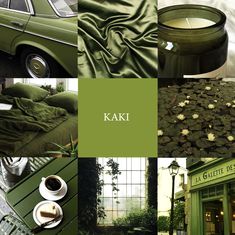 a collage of photos with green and white colors, including an old car, bedding, table cloth, lampposts, and other items