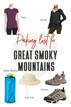 various items that include water bottles, shoes and backpacks for great smoky mountain hikes