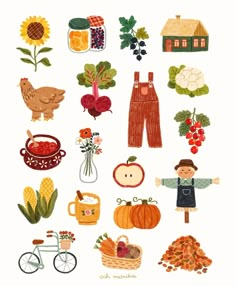 an illustration of farm animals and vegetables