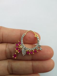 Traditional Gold Plated Pink Crystal Nose Ring Indian Wedding Nath Jewellery Nostril Ring Ethnic Piercing Fashion Nose Jewelery Bridal Hoop by CreativeGemsJewelery on Etsy