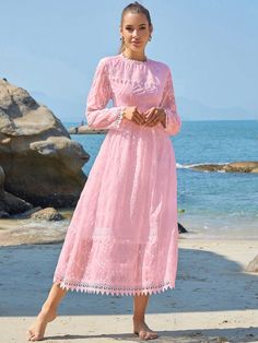 Baby Pink Elegant Collar Long Sleeve Fabric Plain A Line Embellished Non-Stretch  Women Clothing Lace Trim Dress, Trim Dress, Embroidery Lace, Men's Beauty, Belted Dress, Women Dresses, Waist Belt, Dress P, Baby Pink