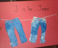 a handmade card with jeans hanging on a clothes line and the words j is for jeans