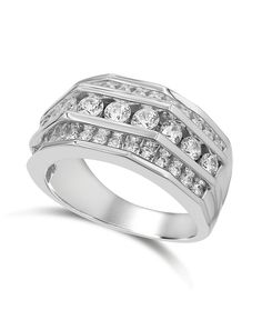 a white gold ring with diamonds on the sides and two rows of stones in the middle