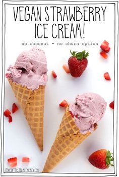 two scoops of ice cream with strawberries on the side and text vegan's strawberry ice cream