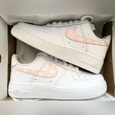 Thanks For Checking Out My Custom Air Force 1s! These Are Hand Painted By Me! Message Me If You Have Your Own Idea For Custom Shoes And I Can Bring Them To Life! I Can Also Help You Come Up With Something! **Price Includes The Shoes And The Artwork These Are 100% Authentic Air Force 1s We Have These Available In Every Size Of Womens These Shoes Are Painted With Angelus Leather Paint And Finished Off With Angelus Acrylic Finisher To Protect The Paint From Minor Scratches And Scrapes, Cracking, Fa Tenis Air Force, Custom Nike Air Force 1, Custom Nike Air Force, Pink Nike Shoes, White Chrysanthemum, Preppy Shoes, Pretty Shoes Sneakers, All Nike Shoes, Custom Air Force 1