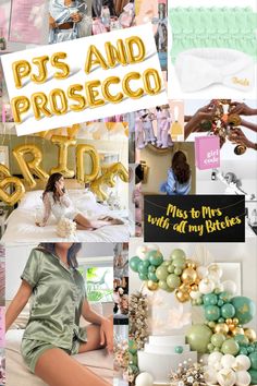 collage of photos with balloons and brides in gold, white and green colors