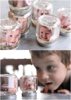 there are many jars with pictures in them and one has a baby's face inside