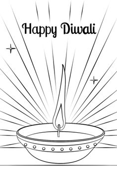 happy diwali greeting card with bowl and sunburst on white background illustration