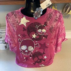 Brand New! Self Esteem Top Sz M Trendy Pink Tops With Skull Print, Trendy Pink Top With Skull Print, Trendy Pink Skull Print Top, Fun Purple Crew Neck Top, Purple Short Sleeve Y2k Style Tops, Purple Short Sleeve Y2k Top, Y2k Purple Short Sleeve Tops, Purple Y2k Short Sleeve Tops, Fun Cotton Tops With Skull Print