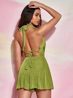 Look sophisticated in this Draped Front Backless Halter Neck Romper. Styled with a spaghetti strap neckline, plain pattern type, and sleeves, this romper is crafted of 91% polyester and 9% elastane with a slight stretch for a comfortable fit. Featuring crisscross, lace-up, and grommet eyelet details, this romper is perfect for your warmer-weather wardrobe. Enjoy a stylish, casual look with this short, unlined, and non-sheer romper. Specifications: Neckline: Spaghetti Strap Pattern Type: Plain Sleeve Length: Sleeveless Details: Criss Cross, Lace Up, Grommet Eyelet Length: Short Belt: No Fabric: Slight Stretch Composition: 91% Polyester, 9% Elastane Care Instructions: Machine wash or professional dry clean Body: Unlined Sheer: No Size Chart(cm): Size Bust Hip Size Length Shoulder Thigh Waist Look Sophisticated, Comfy Jumpsuits, Clean Body, Fabric Suppliers, Black Romper, Halter Neck, Criss Cross, Casual Looks, Spaghetti Strap