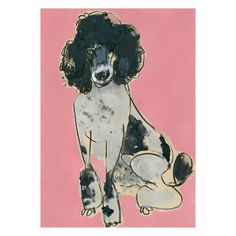 a painting of a poodle sitting on top of a pink wall with black spots