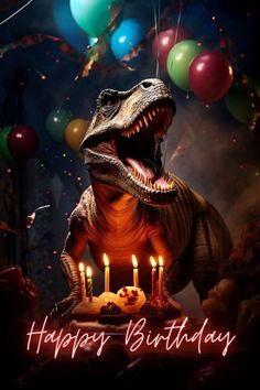 a dinosaur with its mouth open and lit candles in front of it, surrounded by balloons