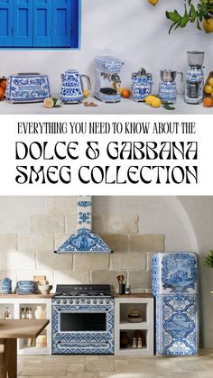 blue and white tiles advertise the dolce & garbana smeg collection