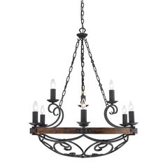 Golden - 1821-9 BI - Nine Light Chandelier - Madera - Black Iron Wheel Chandelier, Empire Chandelier, Golden Lighting, Spanish Design, Wood Chandelier, Candle Style Chandelier, Forging Metal, Candle Chandelier, Rustic Chandelier