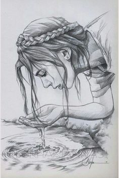 a drawing of a woman with long hair and braids on her head, in the water