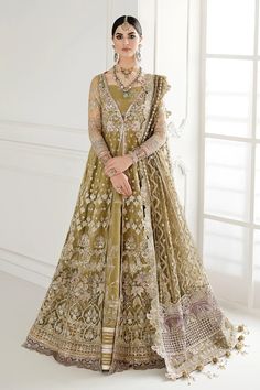 Buy Olive Embroidered Anarkali With Jacket at PinkPhulkari California Anarkali With Jacket, Pakistani Cotton Suits, Net Sleeves, Organza Suits, Pakistani Style, Raw Silk Fabric, Organza Sleeves, Embroidered Sleeves, Dresses Chiffon