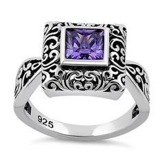 Sterling Silver Ornate Square Cut Amethyst CZ Ring Amethyst Jewelry Ring, Flower Engagement Ring, Womens Rings Fashion, Silver Jewelry Design, Ruby Engagement Ring, Stone Setting, Cz Ring, Square Cut, Sea Glass Jewelry