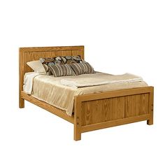 a wooden bed frame with four pillows on it