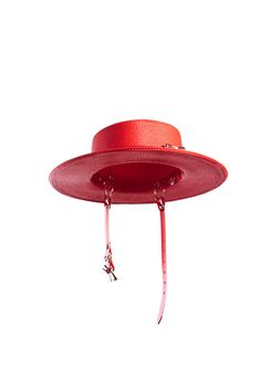 This full-size red faux straw hat is trimmed with a translucent red PVC buckle hat band and harness straps that buckle under the chin. Nice and structured, not floppy, with a wide brim. Fits up to a 23" head size. Shipped with a hat box. Material: 100% Polypropylene Crown Width: 6.5 inch Crown Height: 3.25 inch Brim Width: 3 inch Editorial photography by Emma Wondra. Skirts, capes, bows, and hoods by Samantha Rei. Styling/modeling (red hat) by Cristina/Anhedonie. MUA/modeling (black hat) by Dako Crown Heights, Hat Box, Red Hat, Black Hat, Red Hats, Hat Band, Make Time, Wide Brimmed, Straw Hat