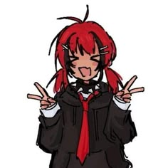 an anime character with red hair wearing a black coat and tie, making the peace sign