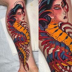 two tattoos on the legs of people with different colored designs and colors, one has an image of a woman's face