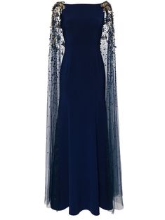 midnight blue cape design sheer overlay bead embellishment sequin embellishment square neck floor-length rear concealed zip fastening full lining Dark Blue Couture Gown, Blue Maxi Dress With Cape Sleeves For Evening, Formal Embellished Maxi Dress With Cape Sleeves, Elegant Cape Dress With Sequins, Formal Cape Evening Dress Embellished, Formal Embellished Cape Evening Dress, Elegant Blue Evening Dress With Cape Sleeves, Blue Embellished Dress With Cape Sleeves, Blue Evening Dress With Cape Sleeves