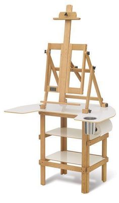 a wooden easel with a white table top