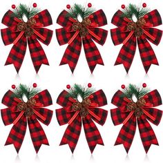 six red and black plaid bows with pine cones on each bow are shown in four different angles