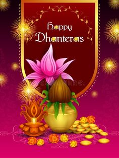 happy dhanteras greeting card with flowers and gold coins on purple background royalty illustration