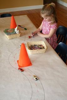 cover table with butcher paper and let the kids add to the scene with crayons, traffic signs, people, etc. Construction Baby Shower, Car Birthday Party, Peter Rabbit Birthday, Hot Wheels Party, Car Birthday Theme, Race Car Birthday Party, Cars Party, Party Place, Race Car Party