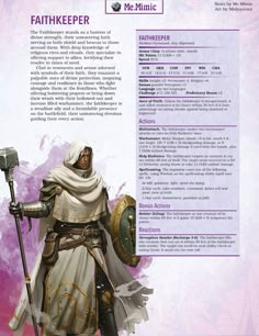 Faithkeeper - CR 4 Humanoid

And to fill out the missing spot for holy spellcasters between priest and war priest, here is the faithkeeper!

Art by Midjourney.

#dnd #dungeonsanddragons #5e #homebrew #art #creature #monster #humanoid Dnd Commoners, D&d Homebrew, Dnd Cultist, Dnd Priest, Theros Dnd, Dnd Gods, Cleric Dnd, Monster Humanoid