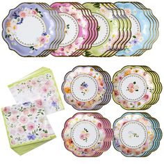 a set of six plates and napkins with flowers on them